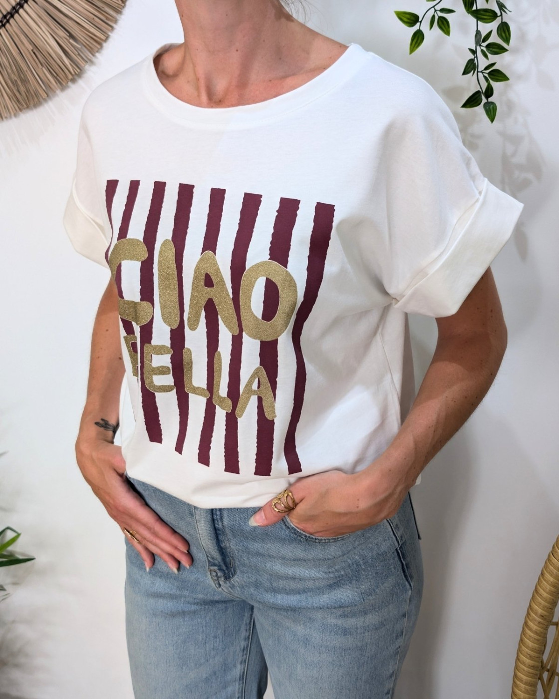 T-Shirt femme écru ciao bella doré rayures bordeaux