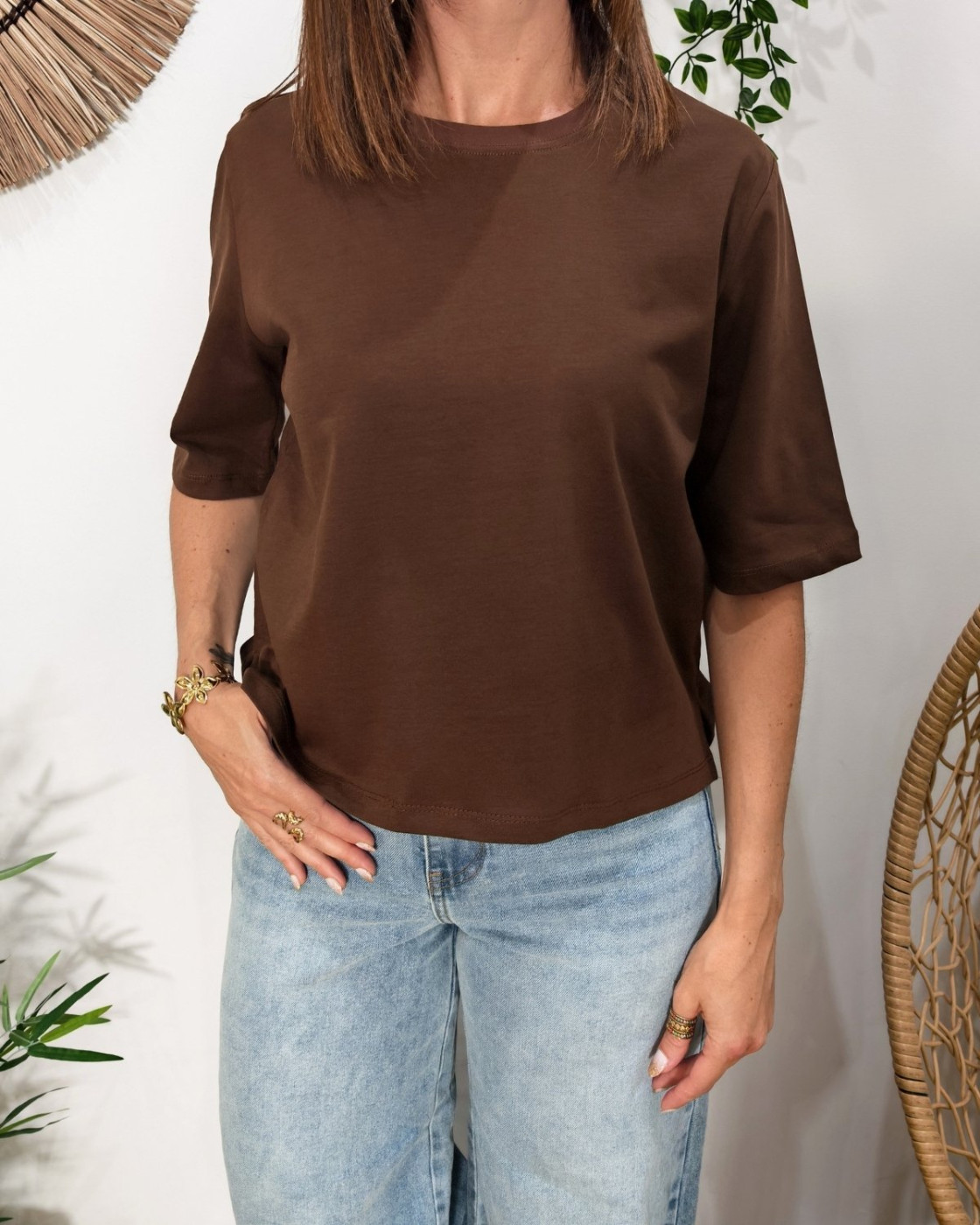 T-shirt femme court uni marron Hannah