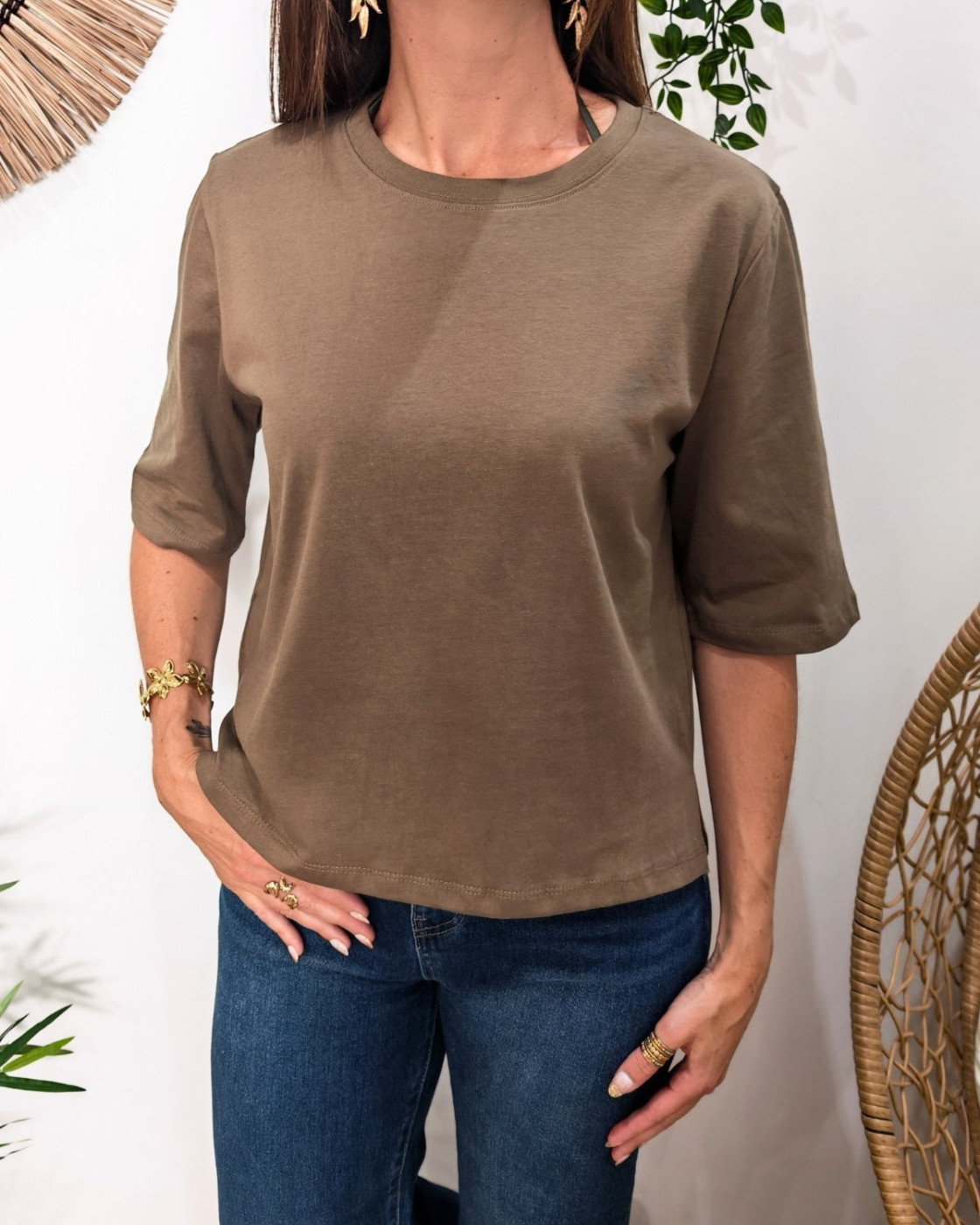 T-shirt femme court uni kaki Hannah