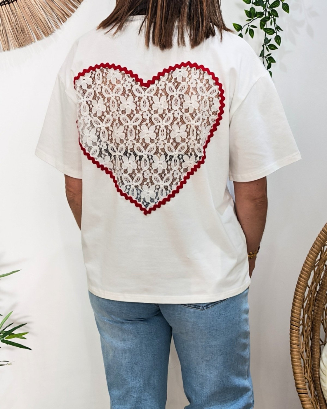 T-shirt femme blanc coeur rouge dentelle dos Ivanna