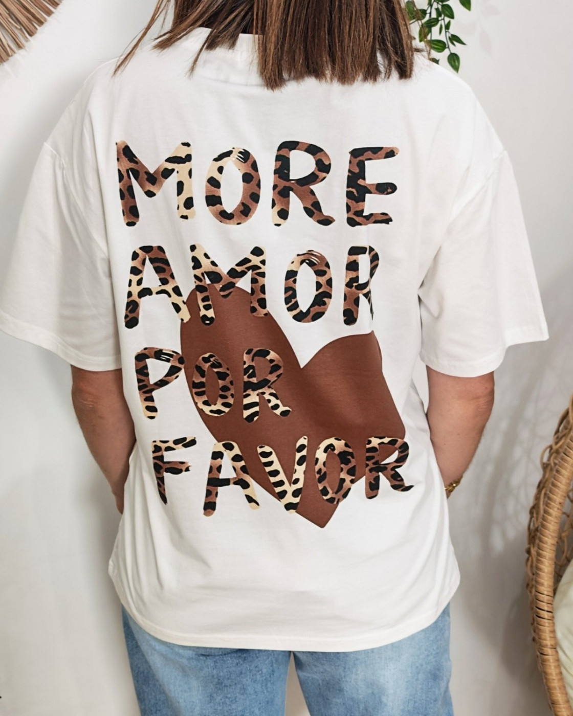 T-shirt femme blanc more amor por favor léopard Adalgisa