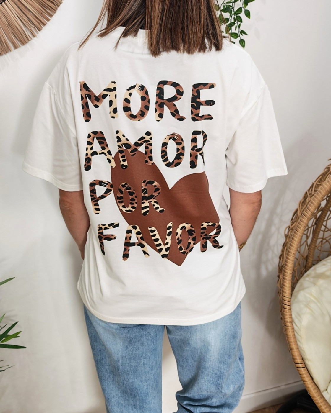 T-shirt femme blanc more amor por favor léopard Adalgisa