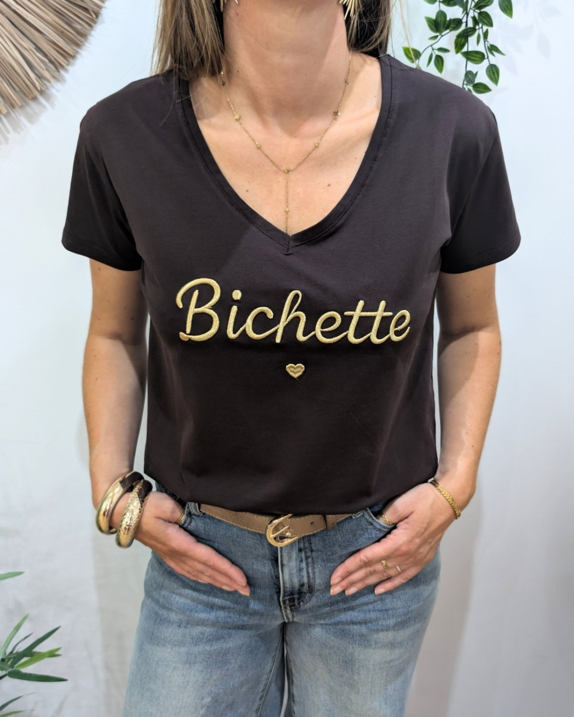 T-Shirt femme marron broderie bichette doré