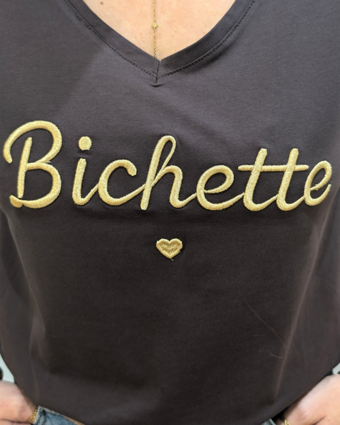 T-Shirt femme marron broderie bichette doré