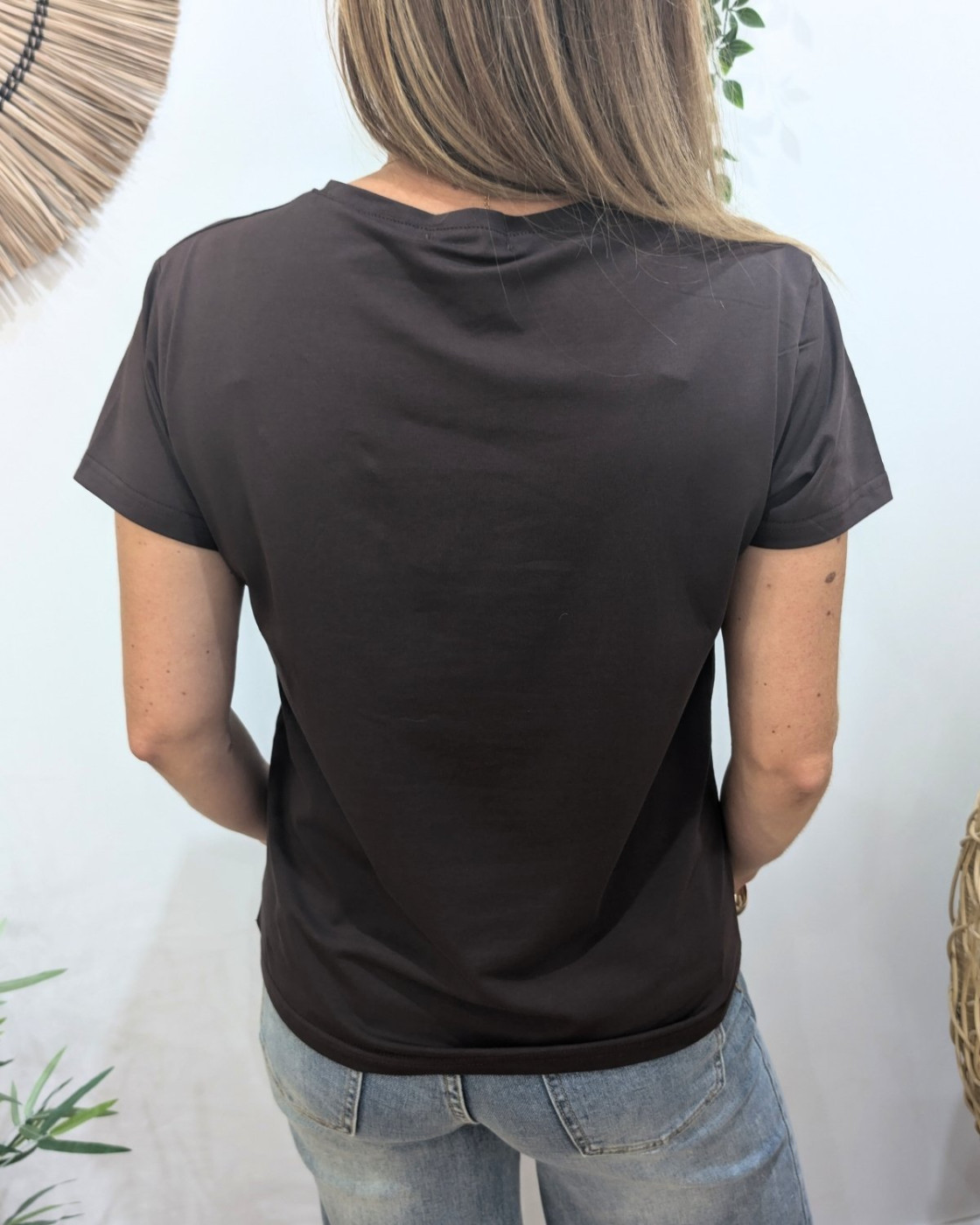 T-Shirt femme marron broderie bichette doré