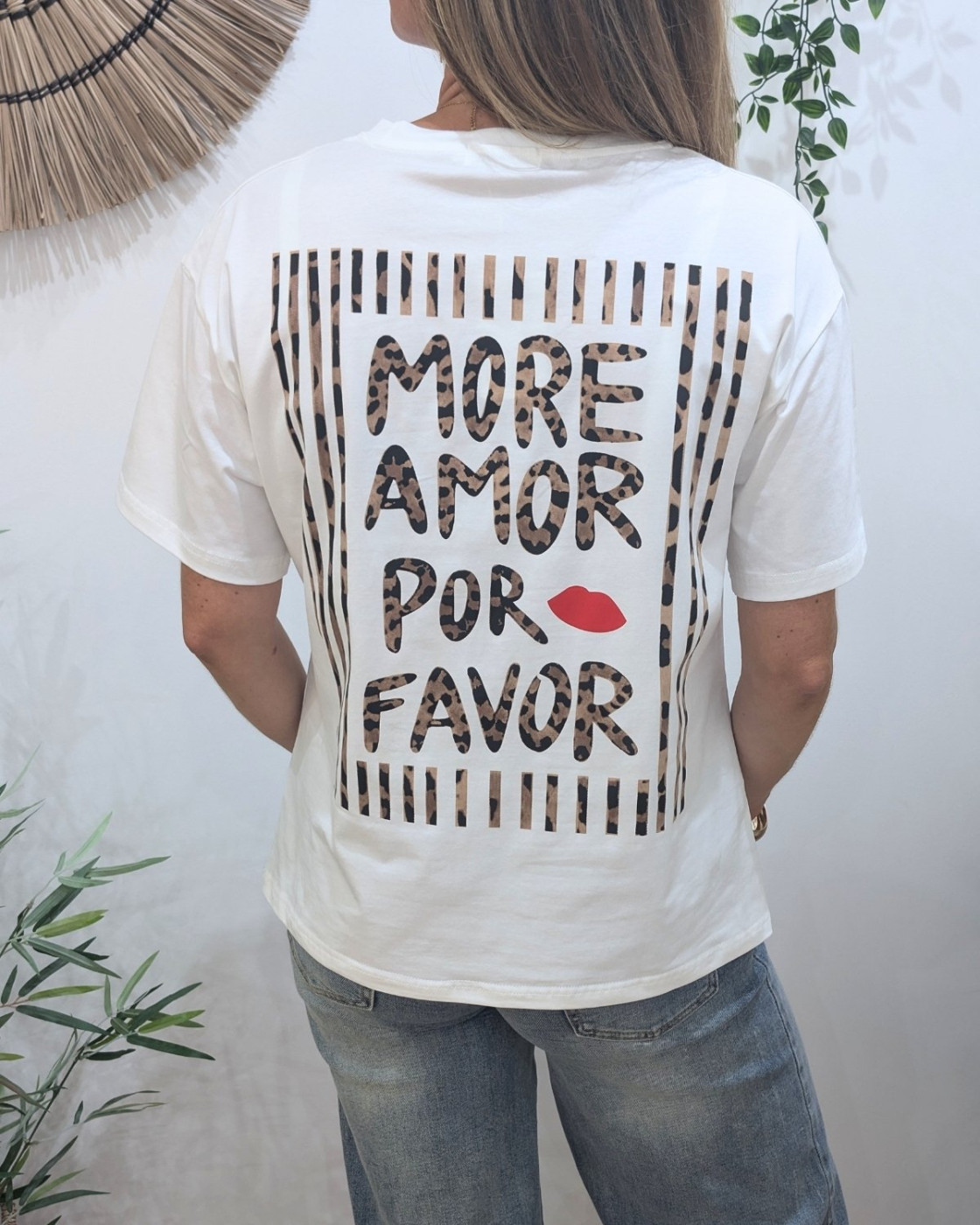 T-shirt femme blanc léopard more amor por favor rayé