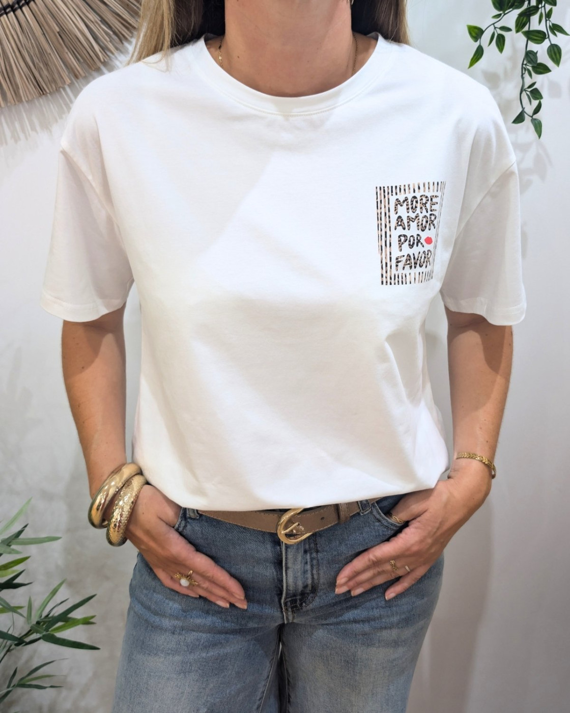 T-shirt femme blanc léopard more amor por favor rayé