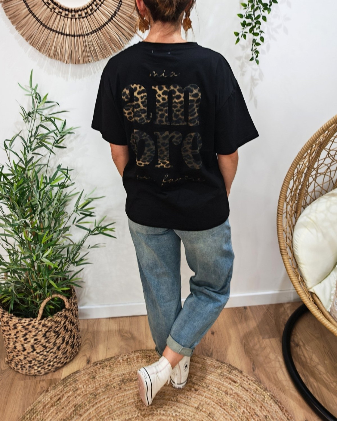 T-shirt femme noir léopard mia amore per favore
