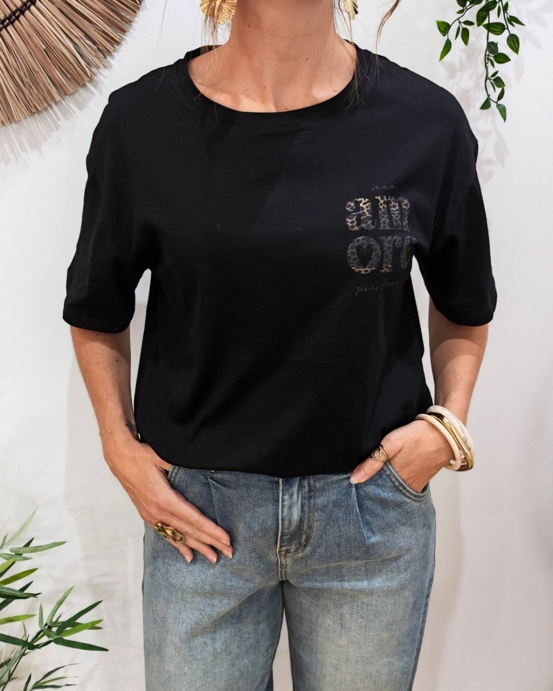 T-shirt femme noir léopard mia amore per favore