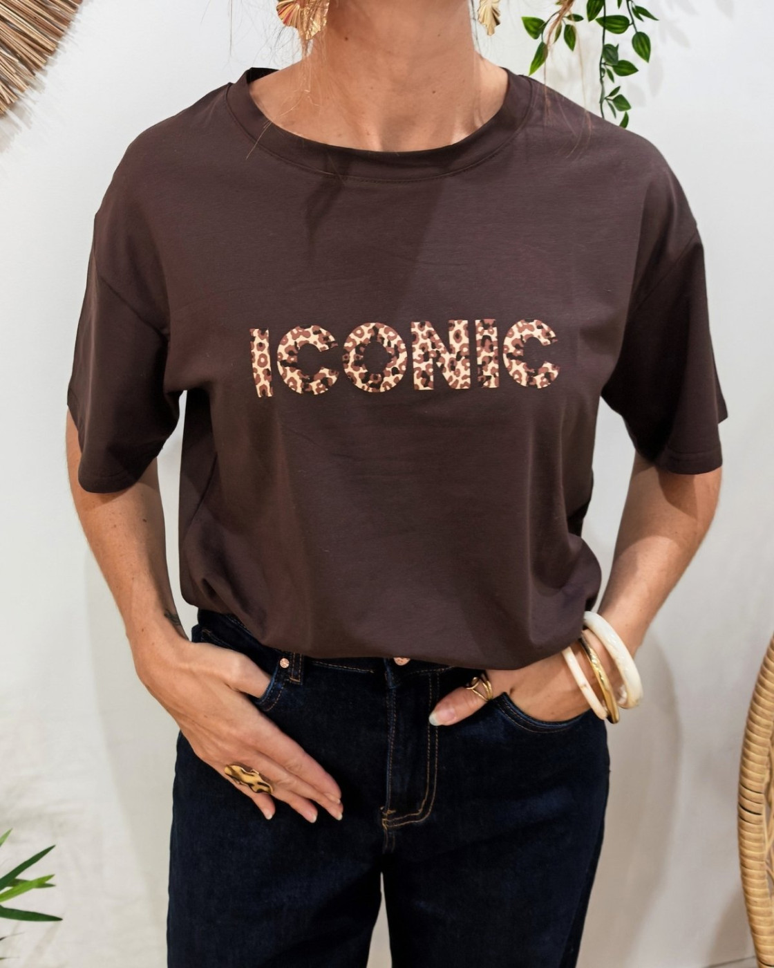 T-shirt femme marron iconic léopard