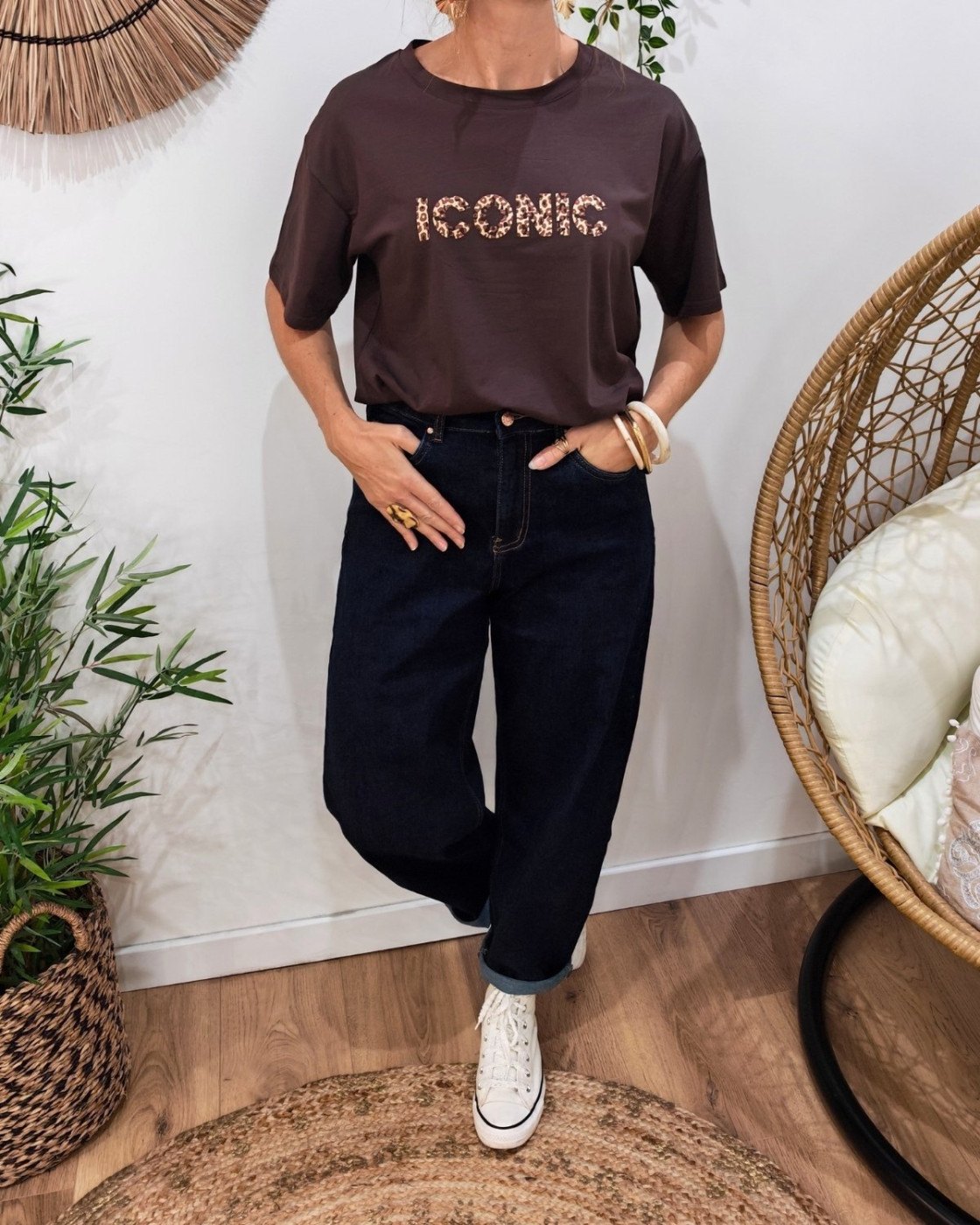 T-shirt femme marron iconic léopard