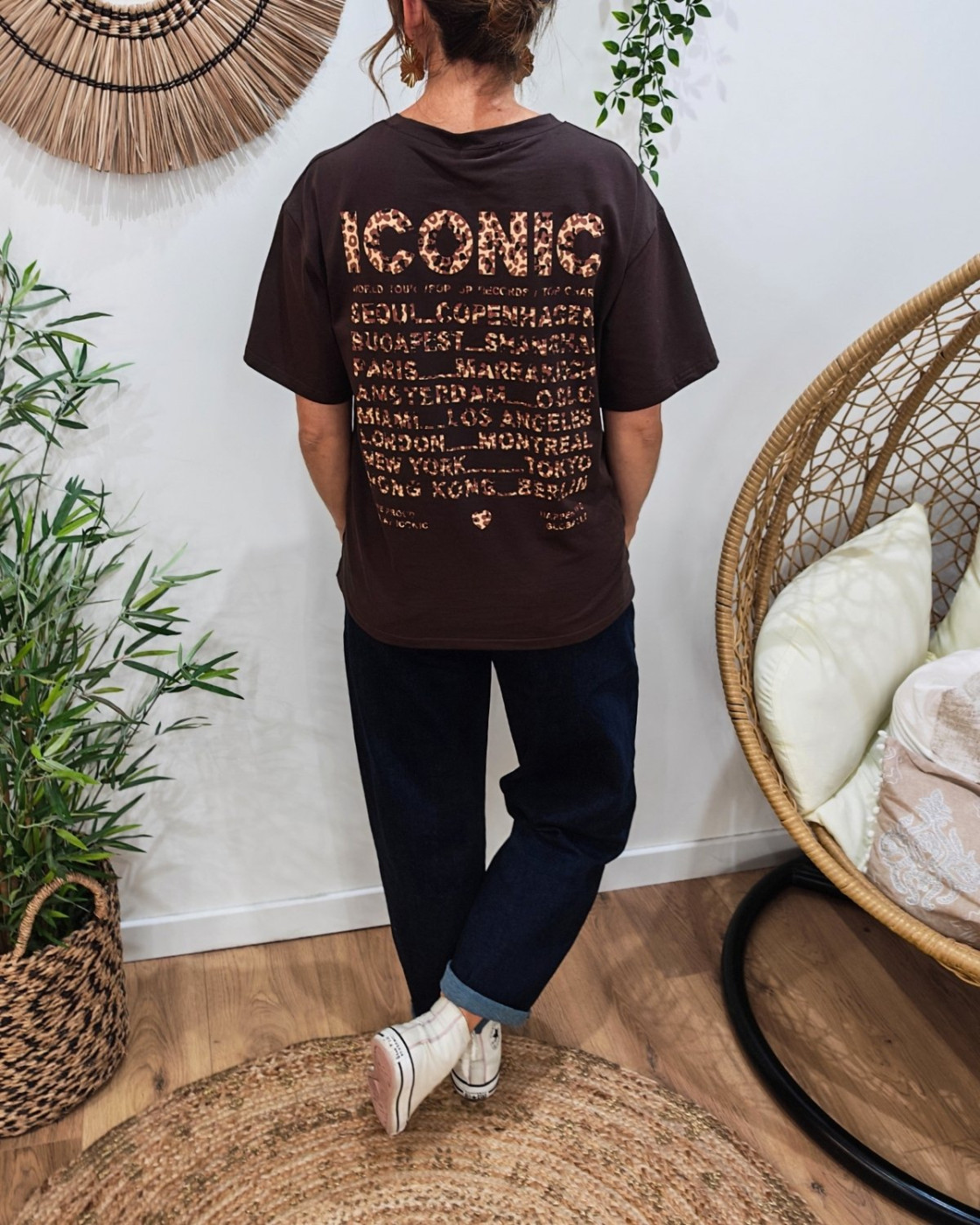 T-shirt femme marron iconic léopard