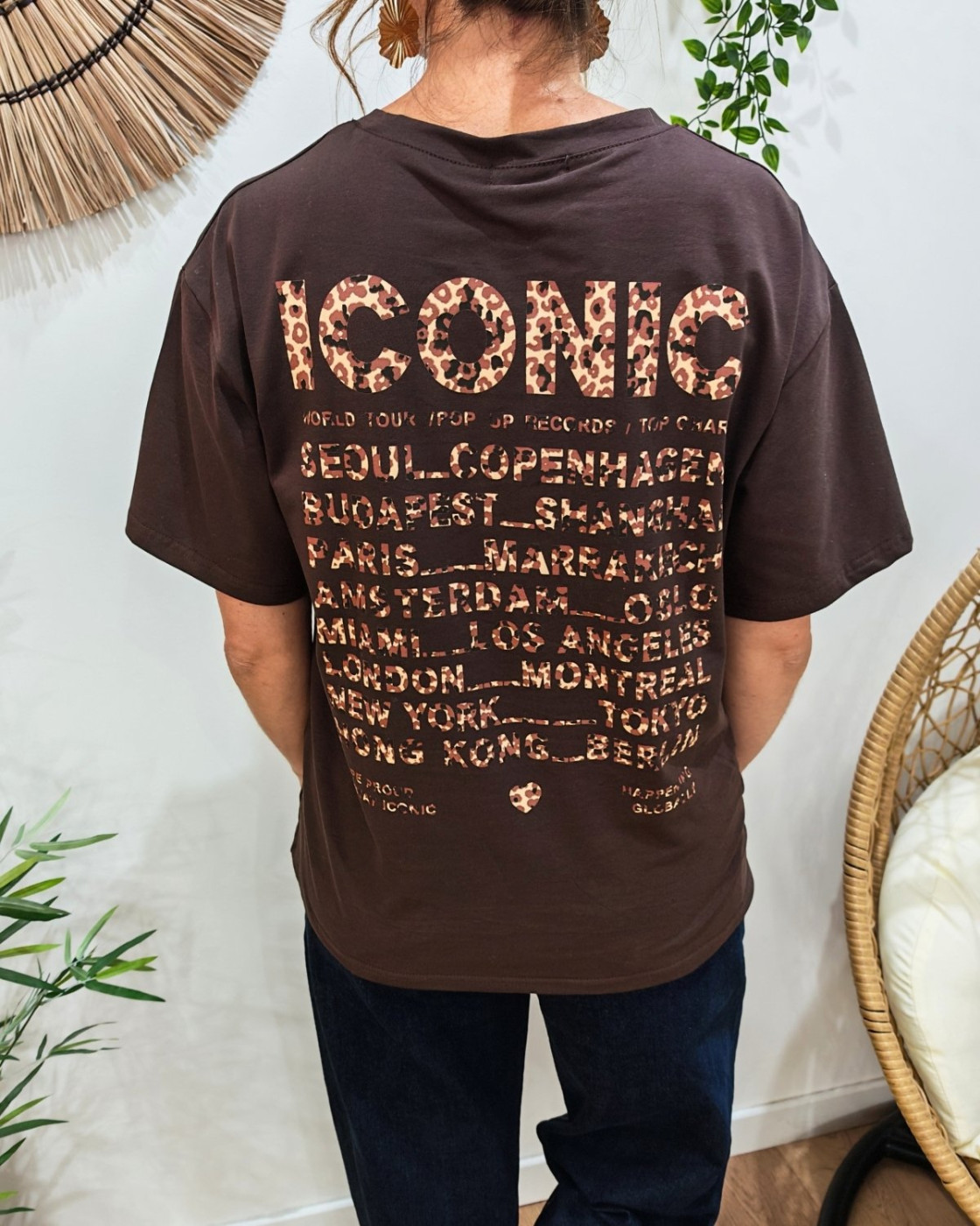 T-shirt femme marron iconic léopard