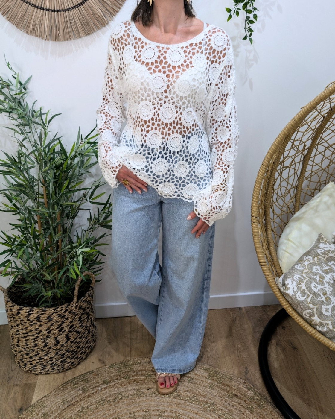 Top femme crochet manches longues blanc