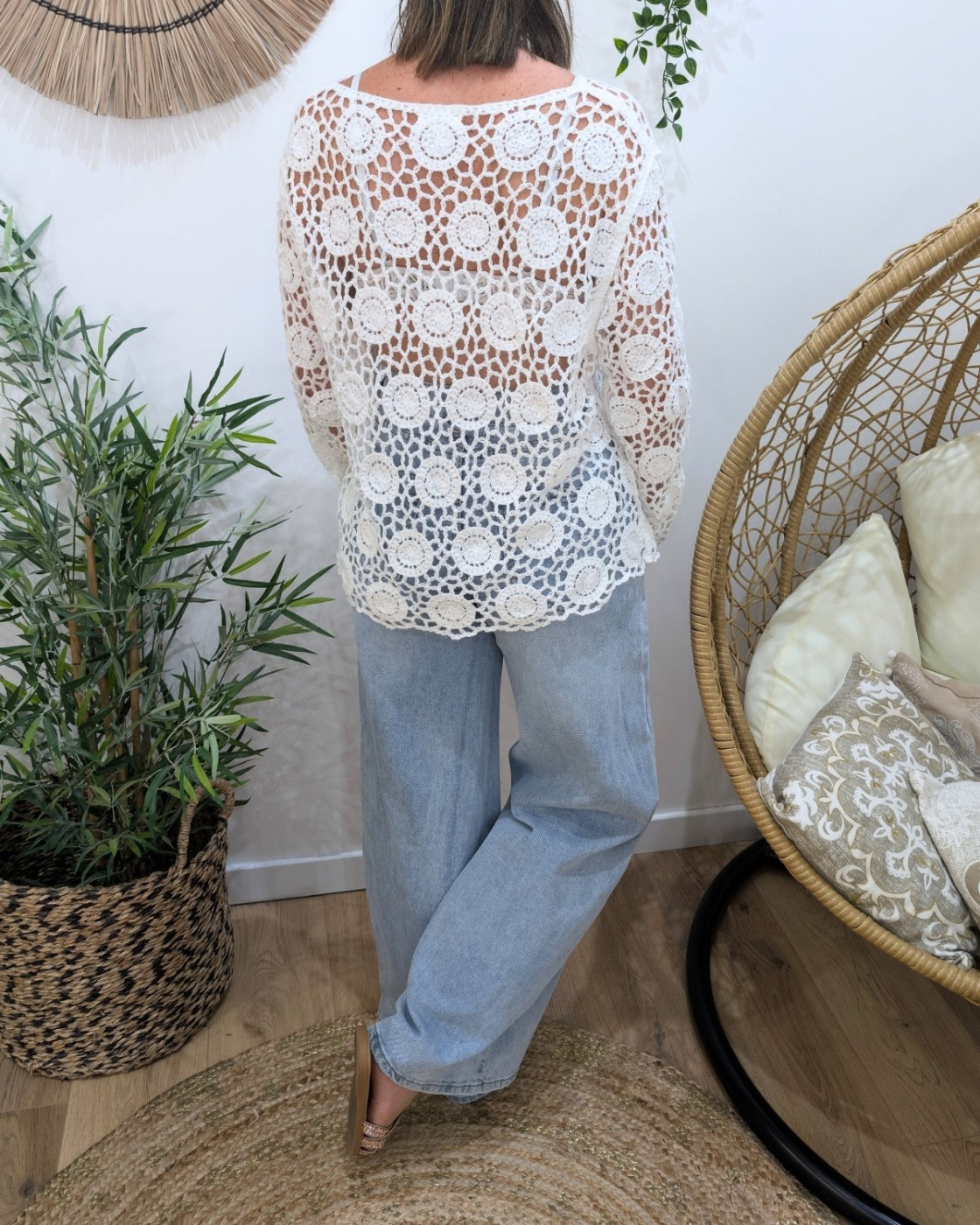 Top femme crochet manches longues blanc