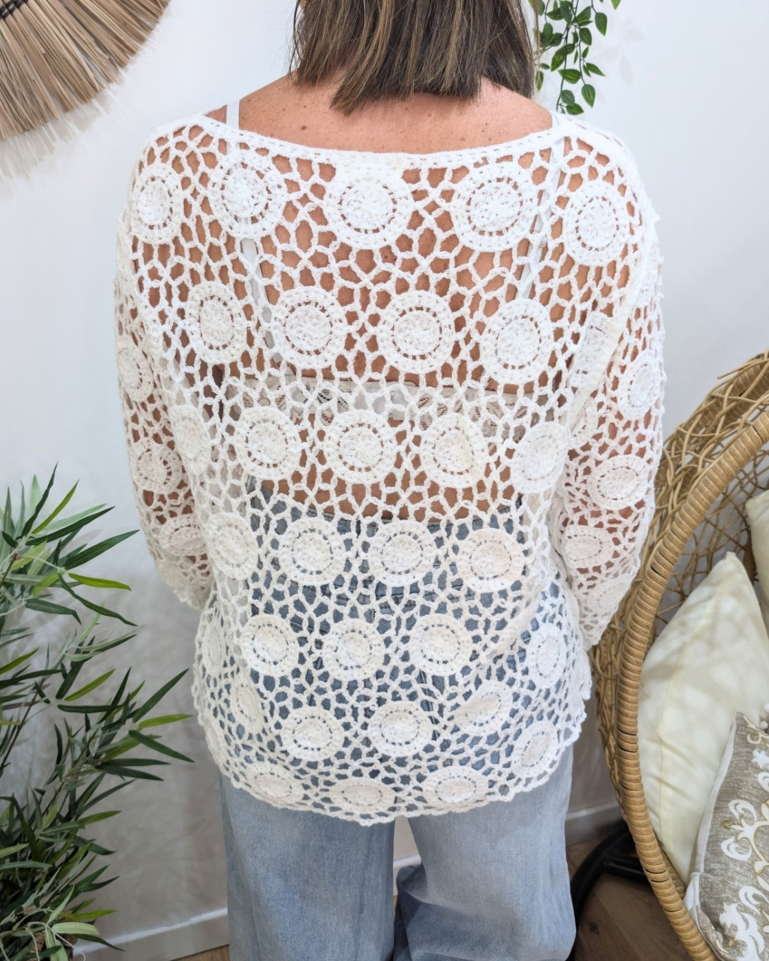 Top femme crochet manches longues blanc