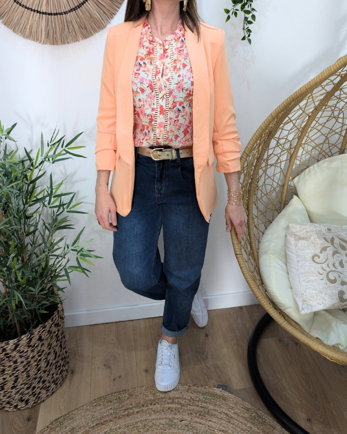 Blazer femme manches plissées corail
