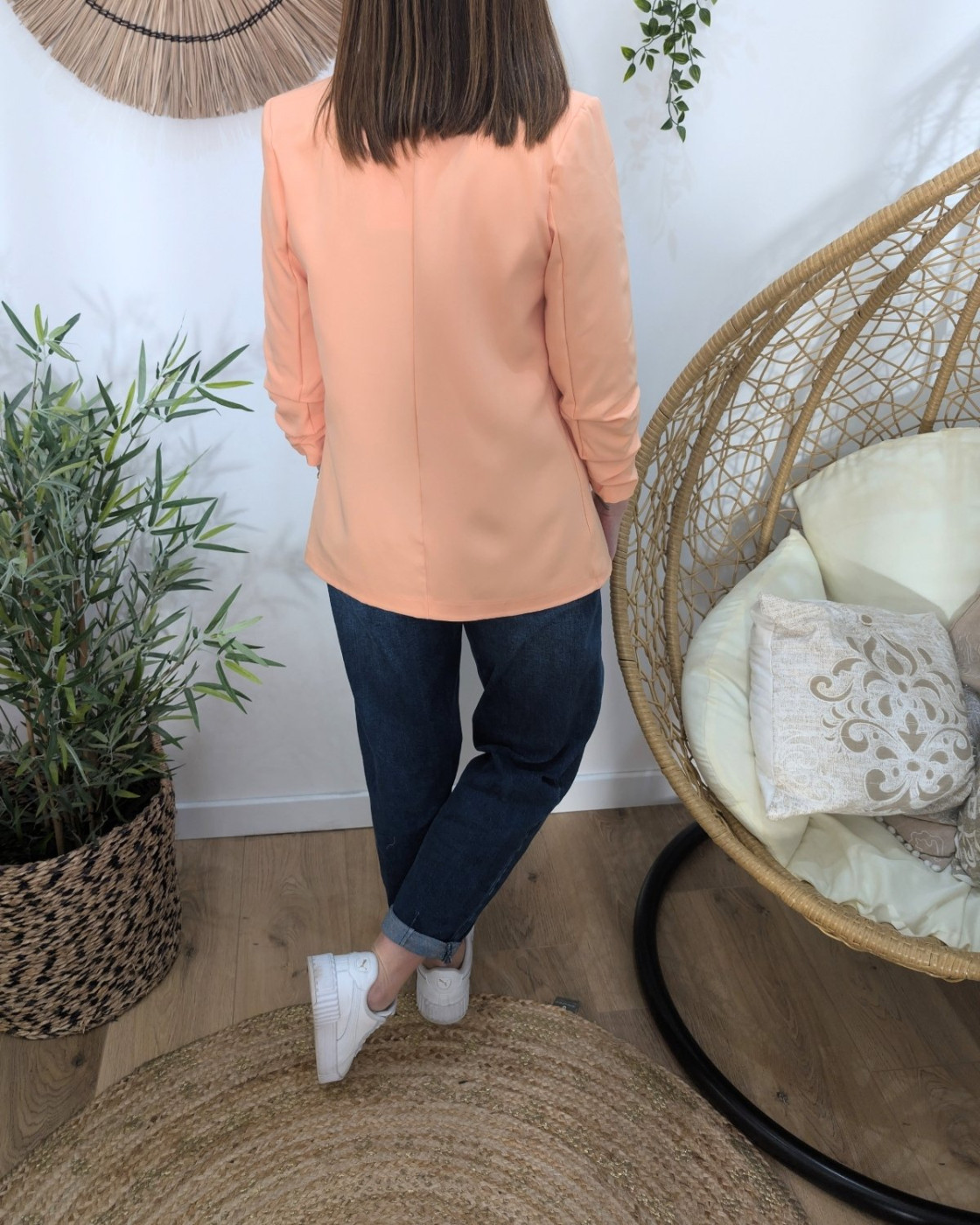 Blazer femme manches plissées corail