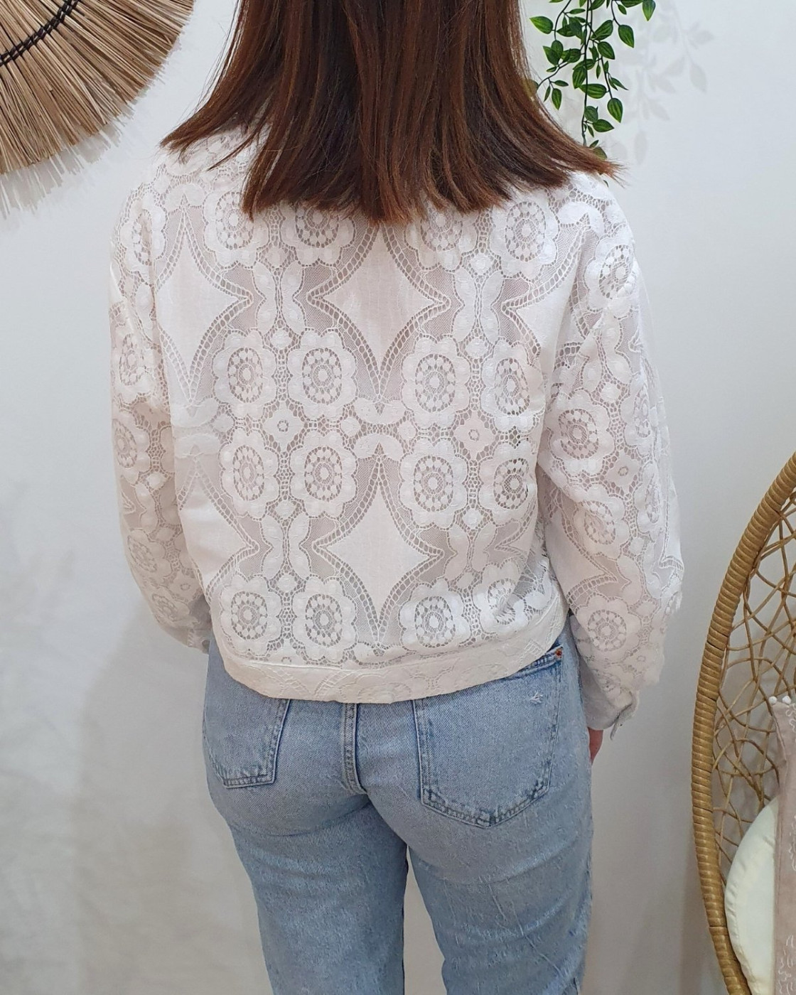 Veste femme fine courte écrue dentelle