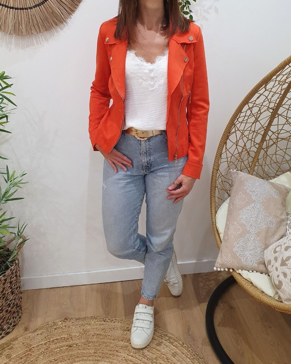 Perfecto femme fin suédine orange
