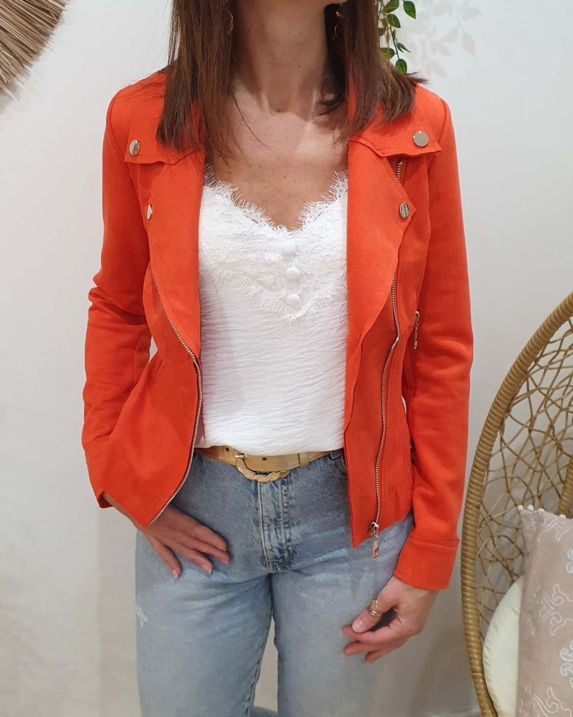 Perfecto femme fin suédine orange