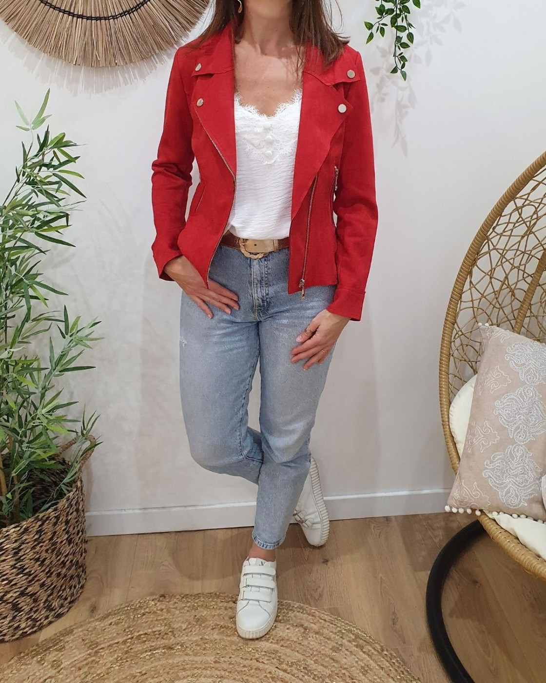 Perfecto femme fin suédine rouge