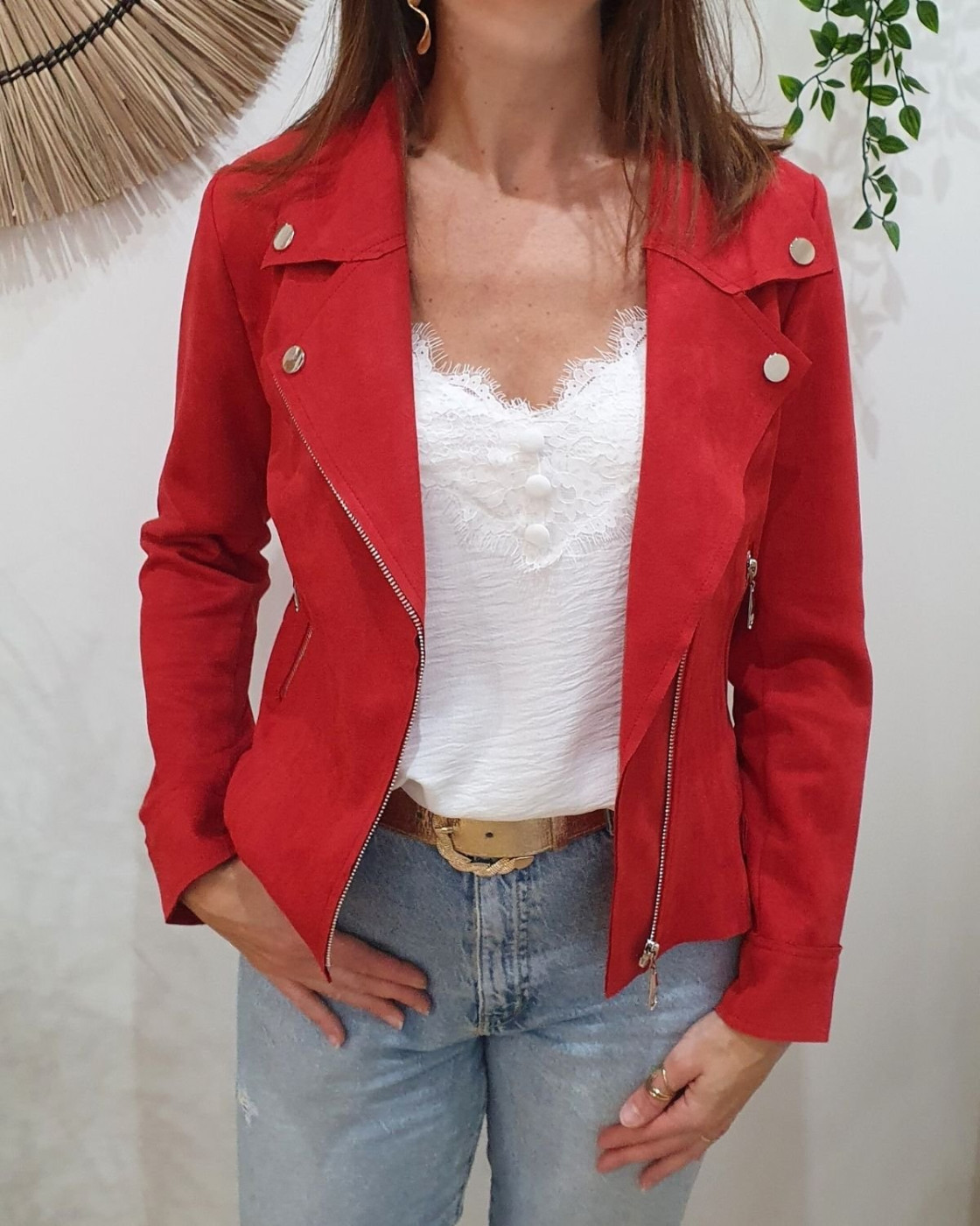 Perfecto femme fin suédine rouge