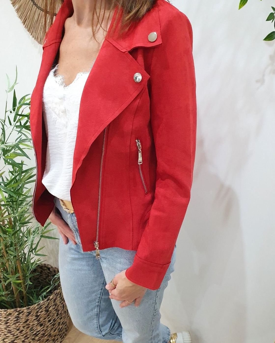 Perfecto femme fin suédine rouge