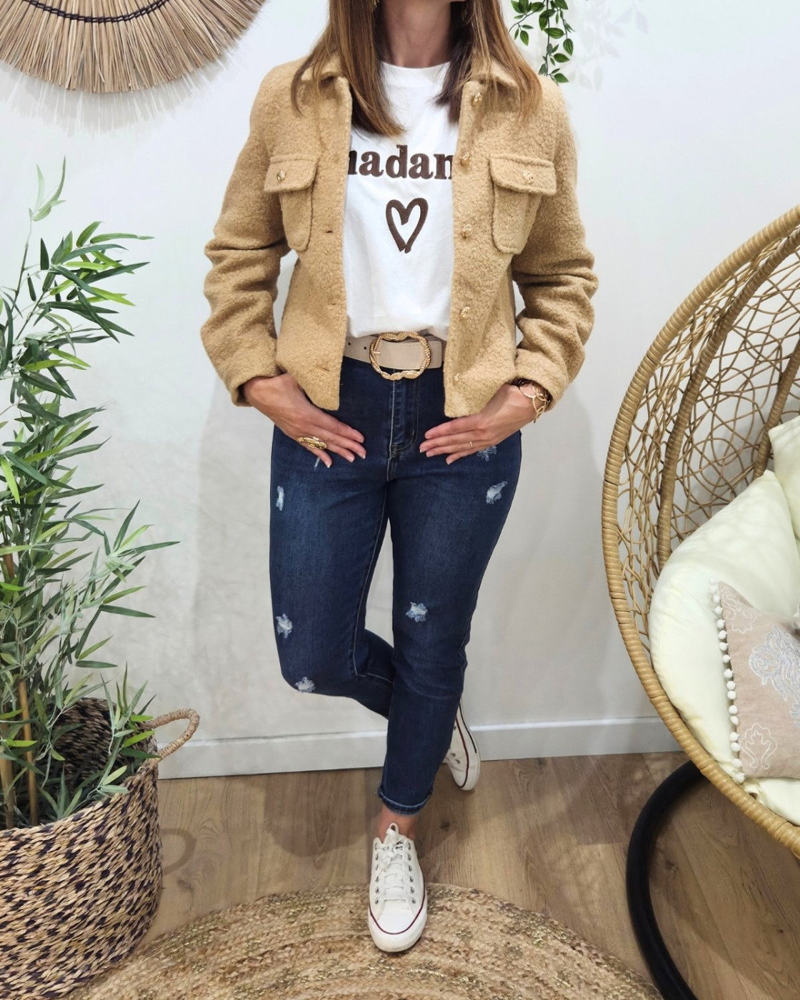 Veste femme bouclettes camel boutons dorés Paloma