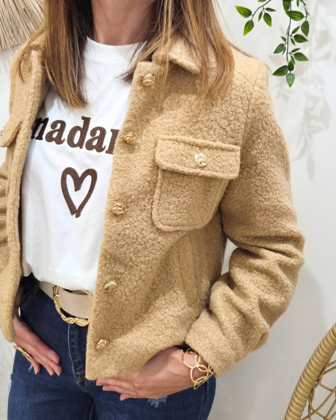 Veste femme bouclettes camel boutons dorés Paloma