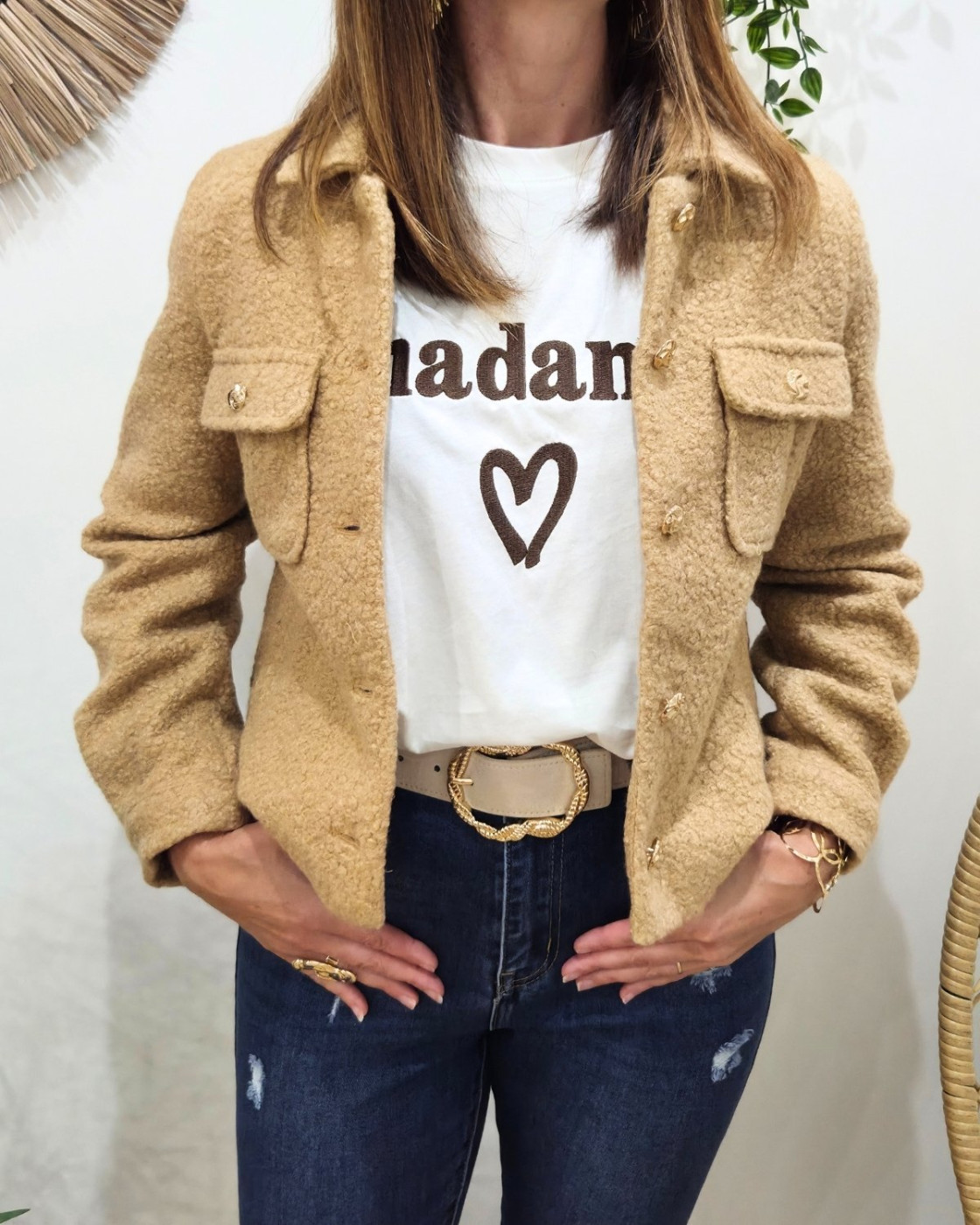 Veste femme bouclettes camel boutons dorés Paloma