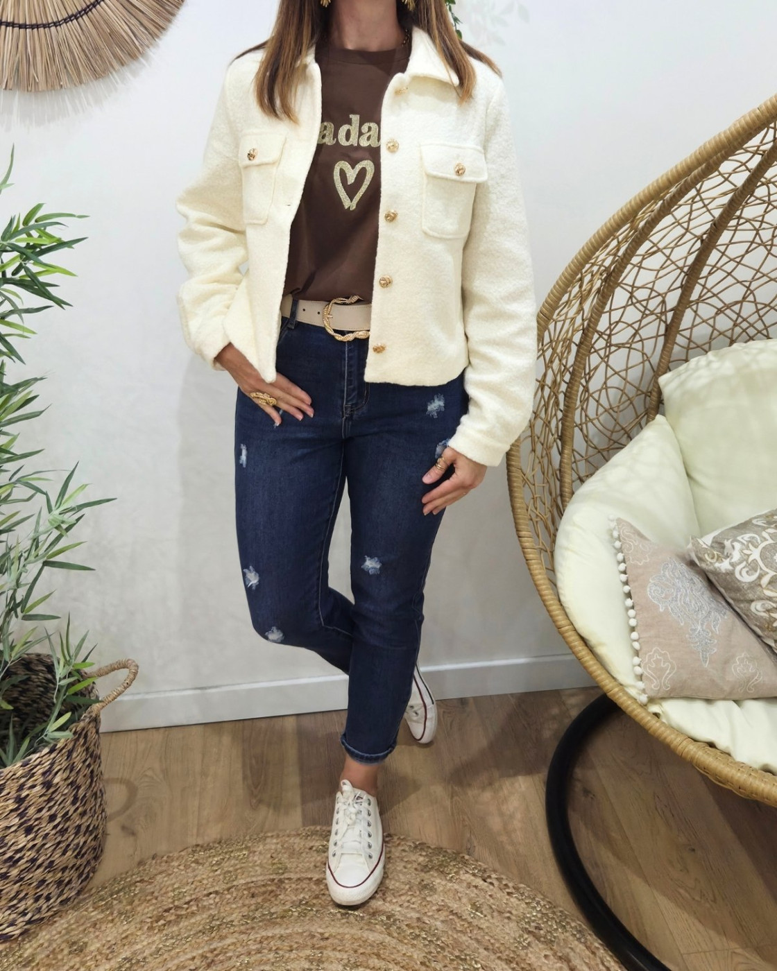 Veste femme bouclettes écru boutons dorés Paloma