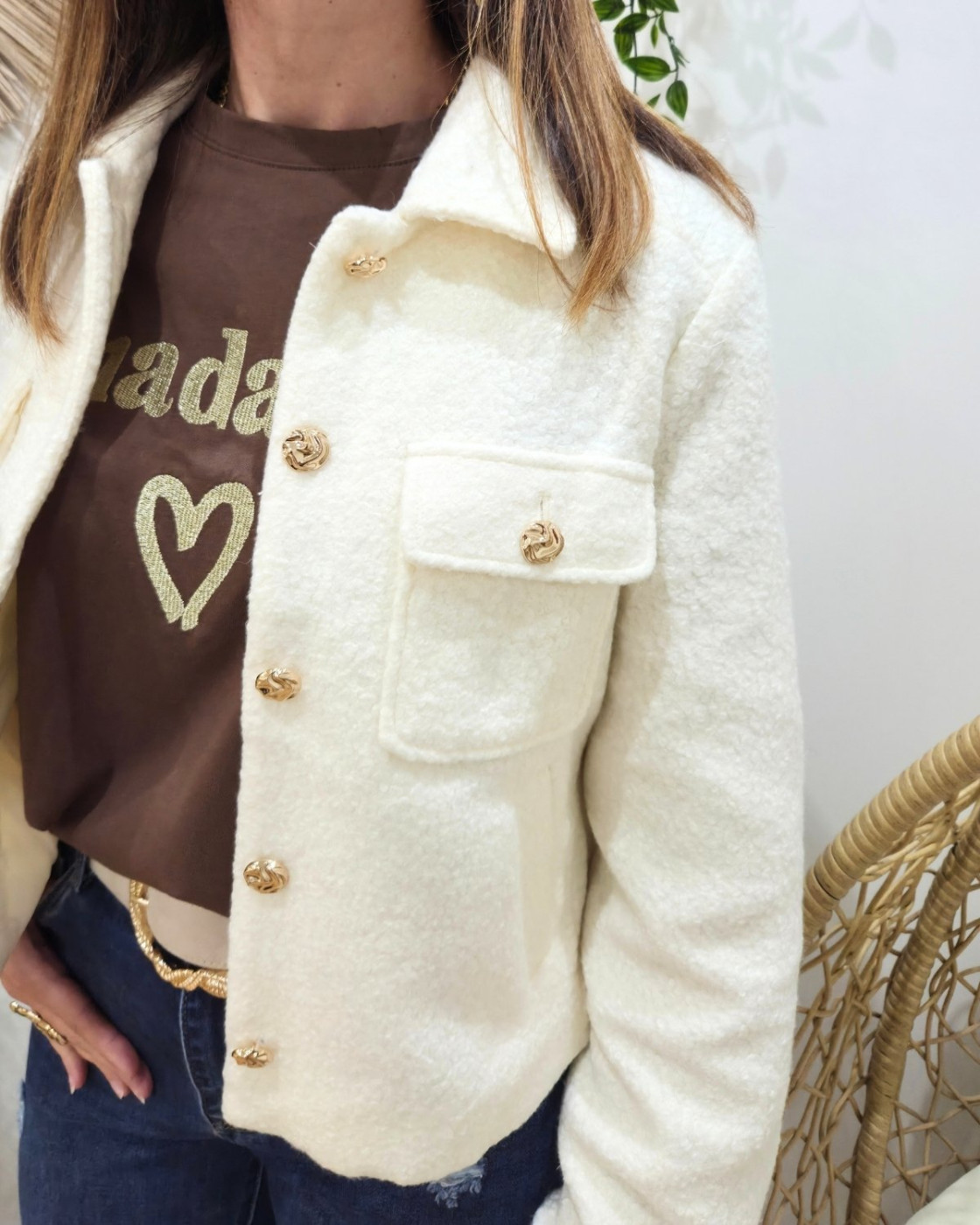 Veste femme bouclettes écru boutons dorés Paloma