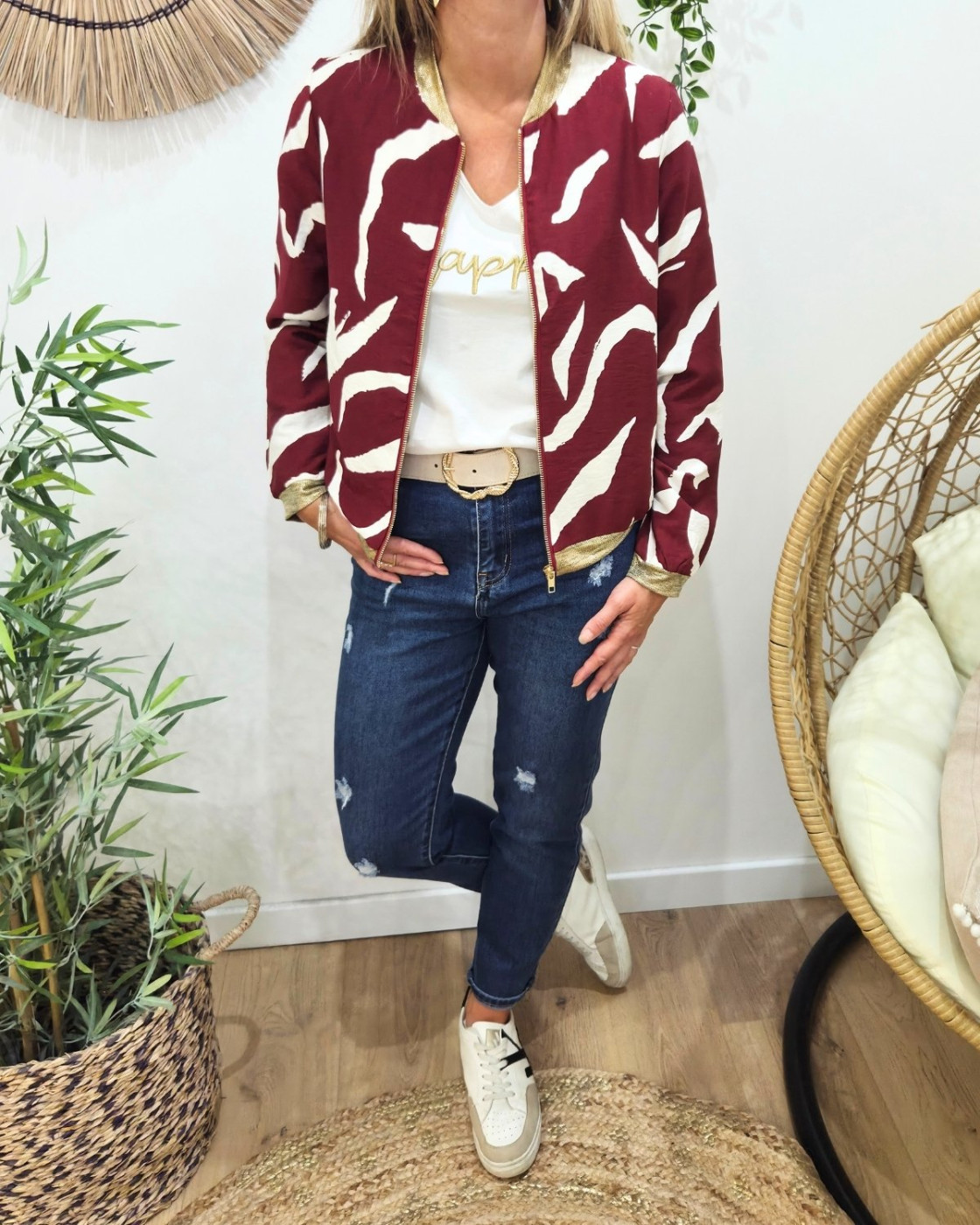 Bombers femme bordeaux et écru Axellea