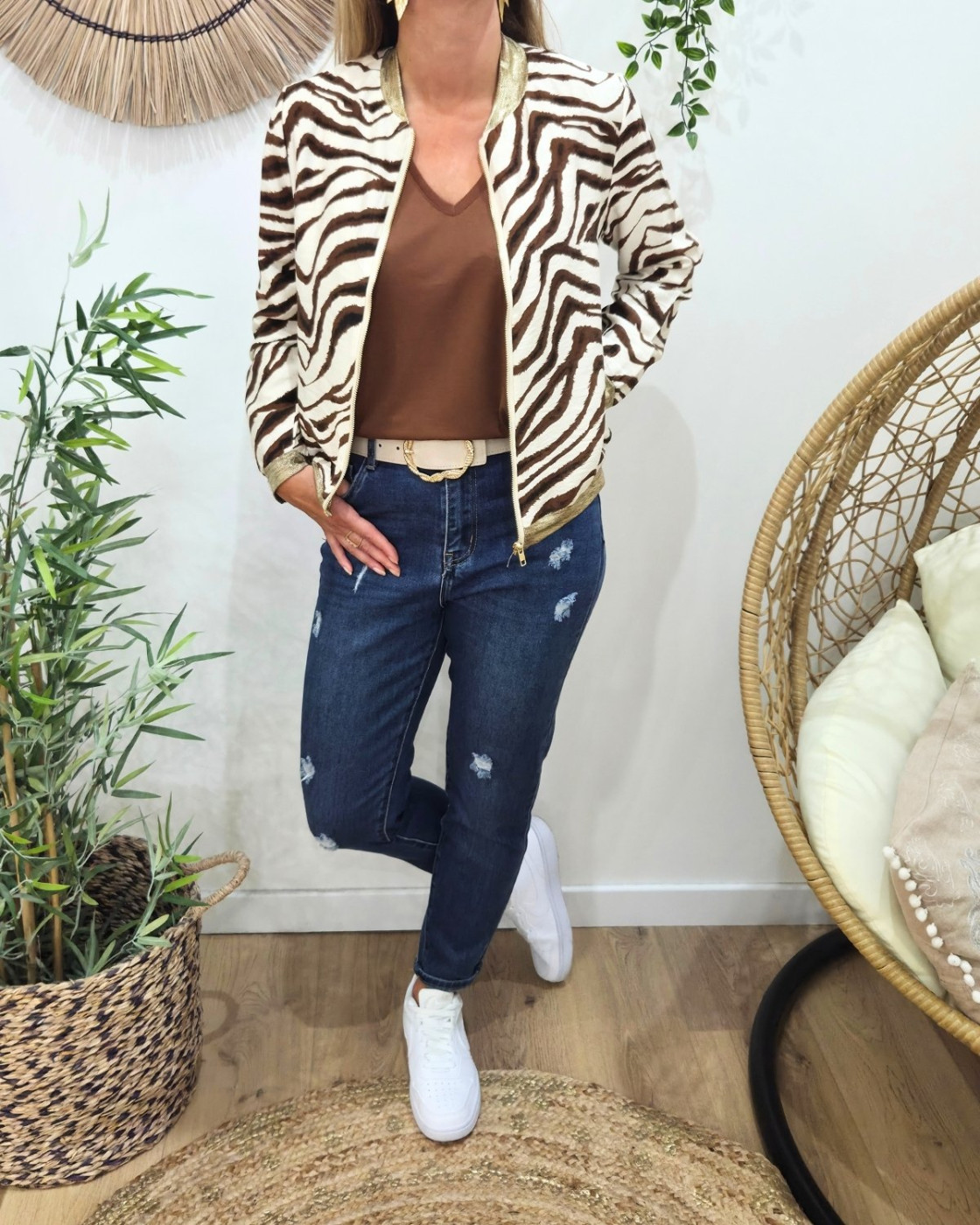 Bombers femme beige zebrures marrons camel Domitille