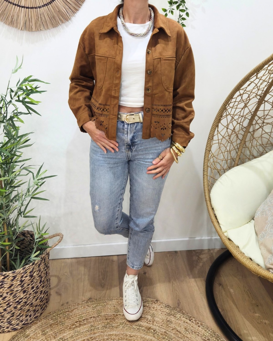 Veste femme suédine ajourée camel Ysoria