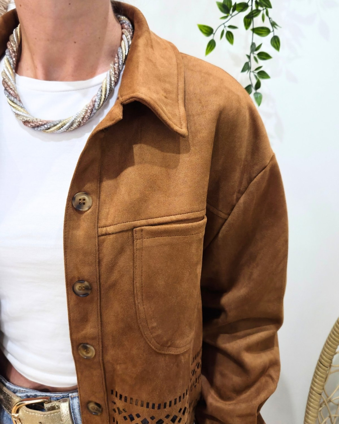 Veste femme suédine ajourée camel Ysoria
