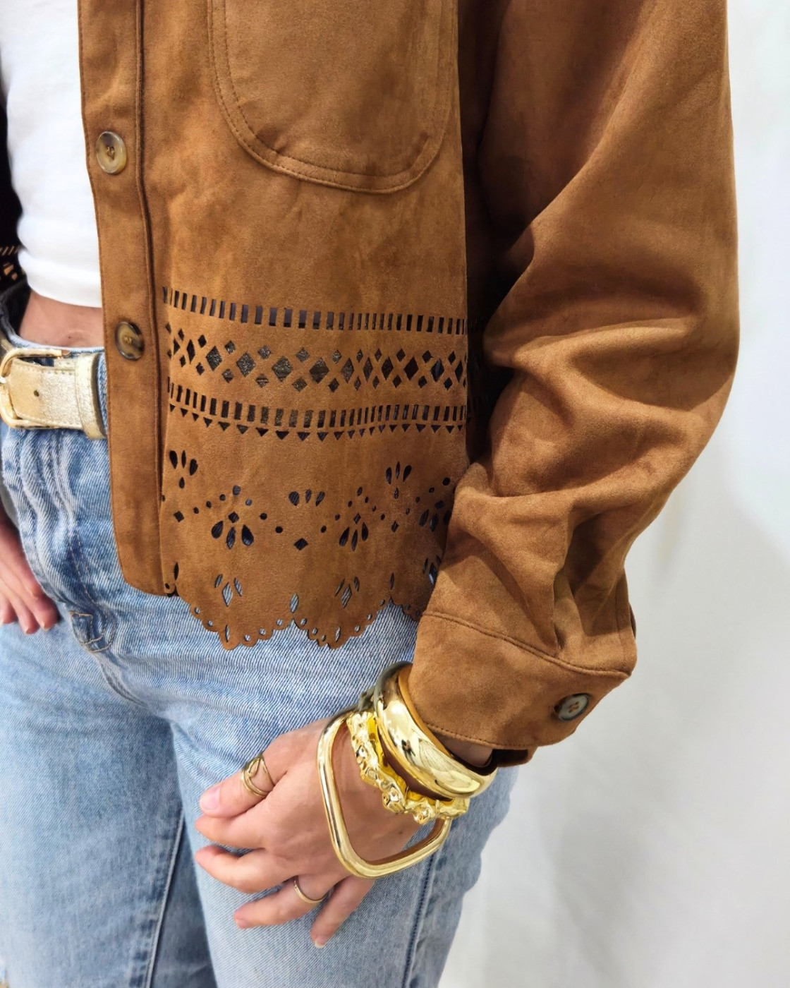 Veste femme suédine ajourée camel Ysoria