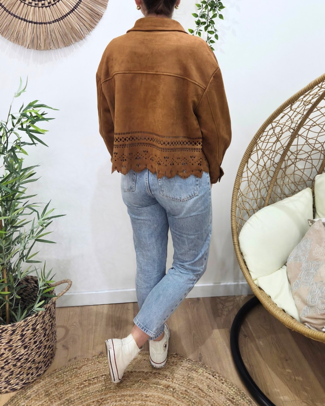 Veste femme suédine ajourée camel Ysoria