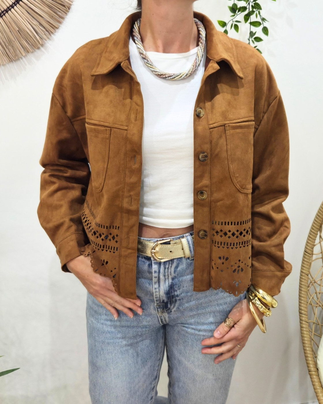 Veste femme suédine ajourée camel Ysoria