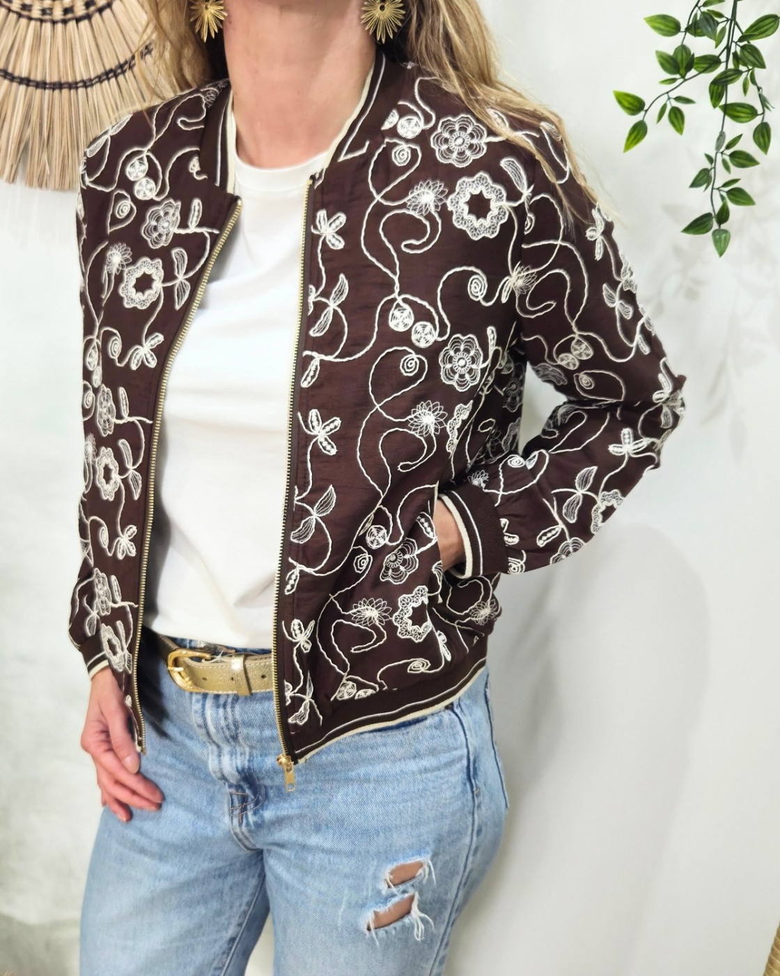 Bombers femme marron fleurs brodées beiges Ysoriah