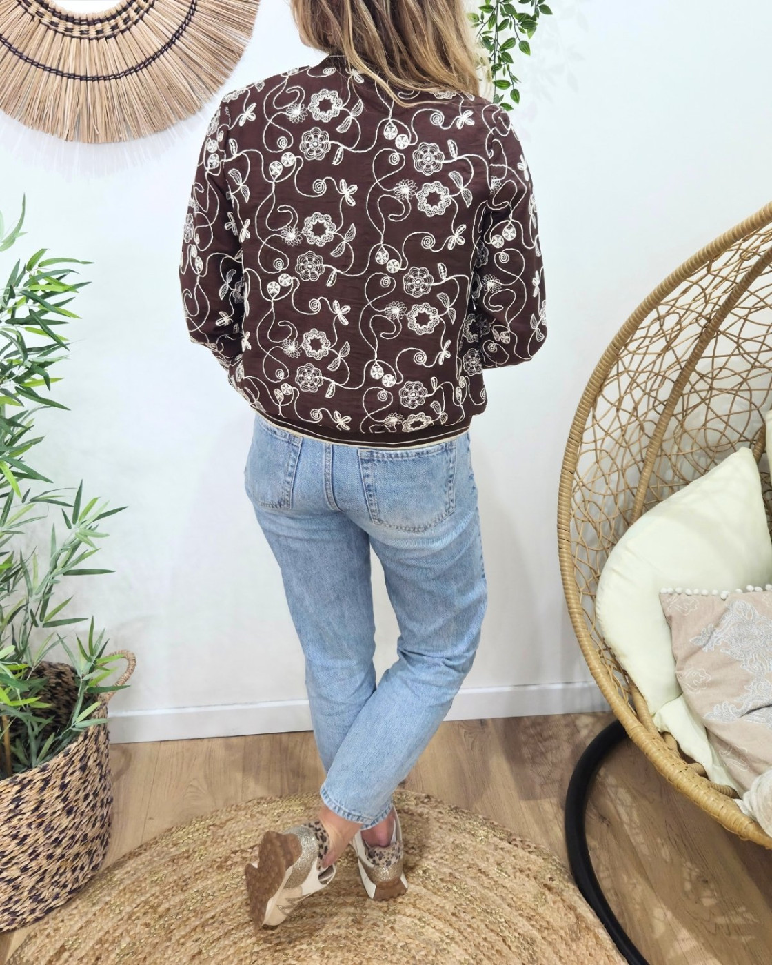 Bombers femme marron fleurs brodées beiges Ysoriah