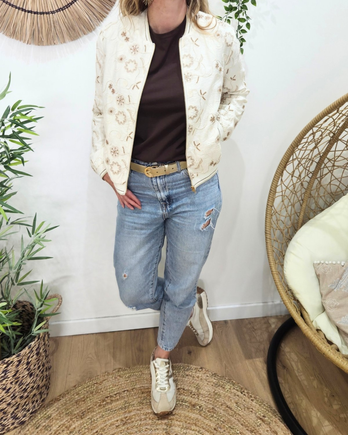 Bombers femme beige fleurs brodées camel Ysoriah