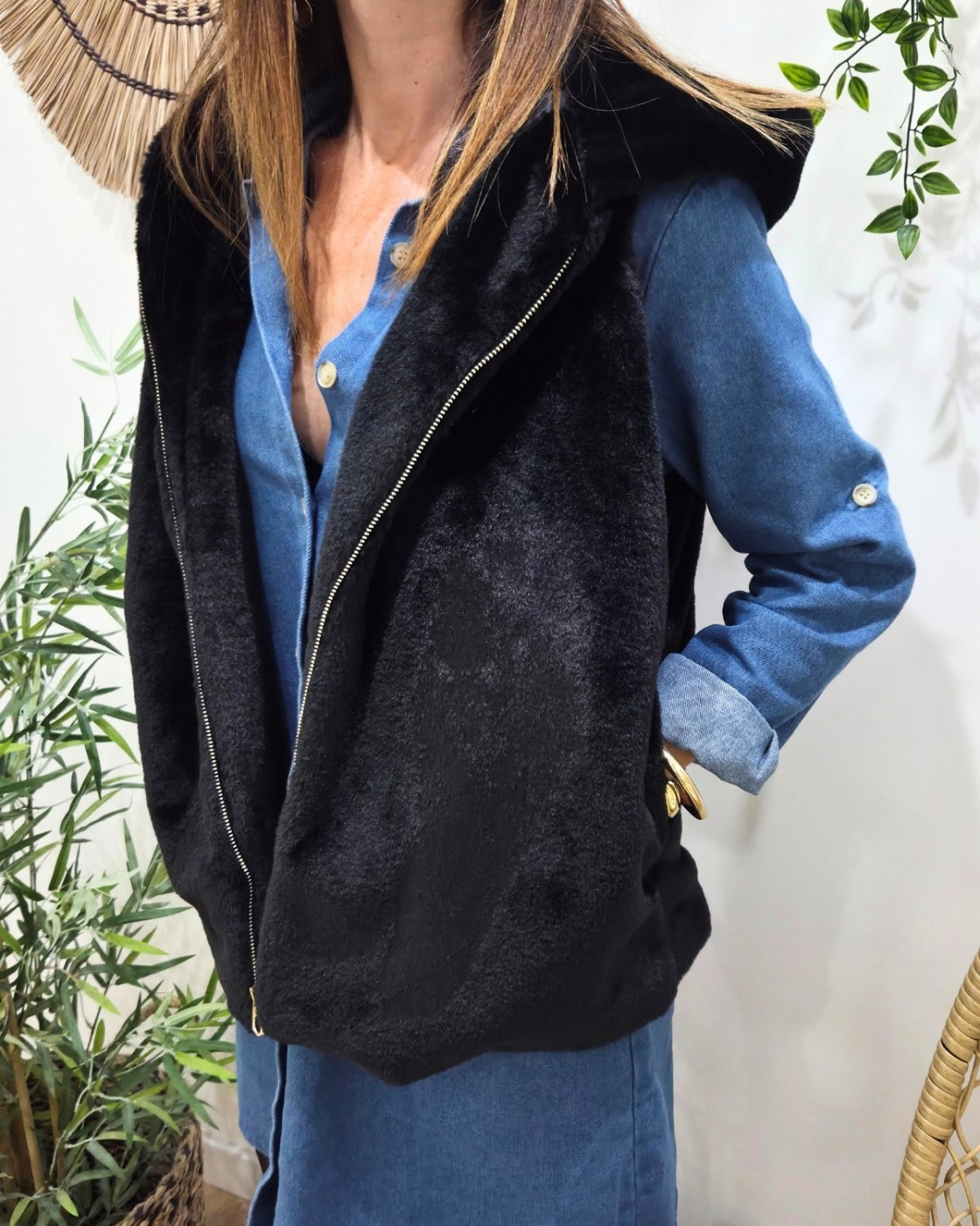 Veste sans manche femme à capuche fausse fourrure