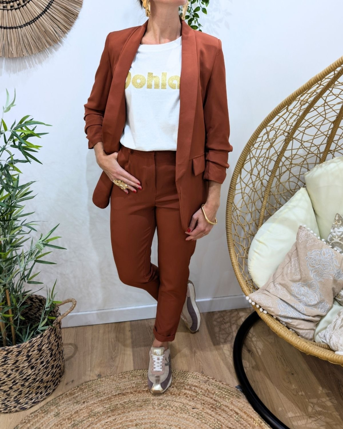 Blazer femme manches plissées terracotta