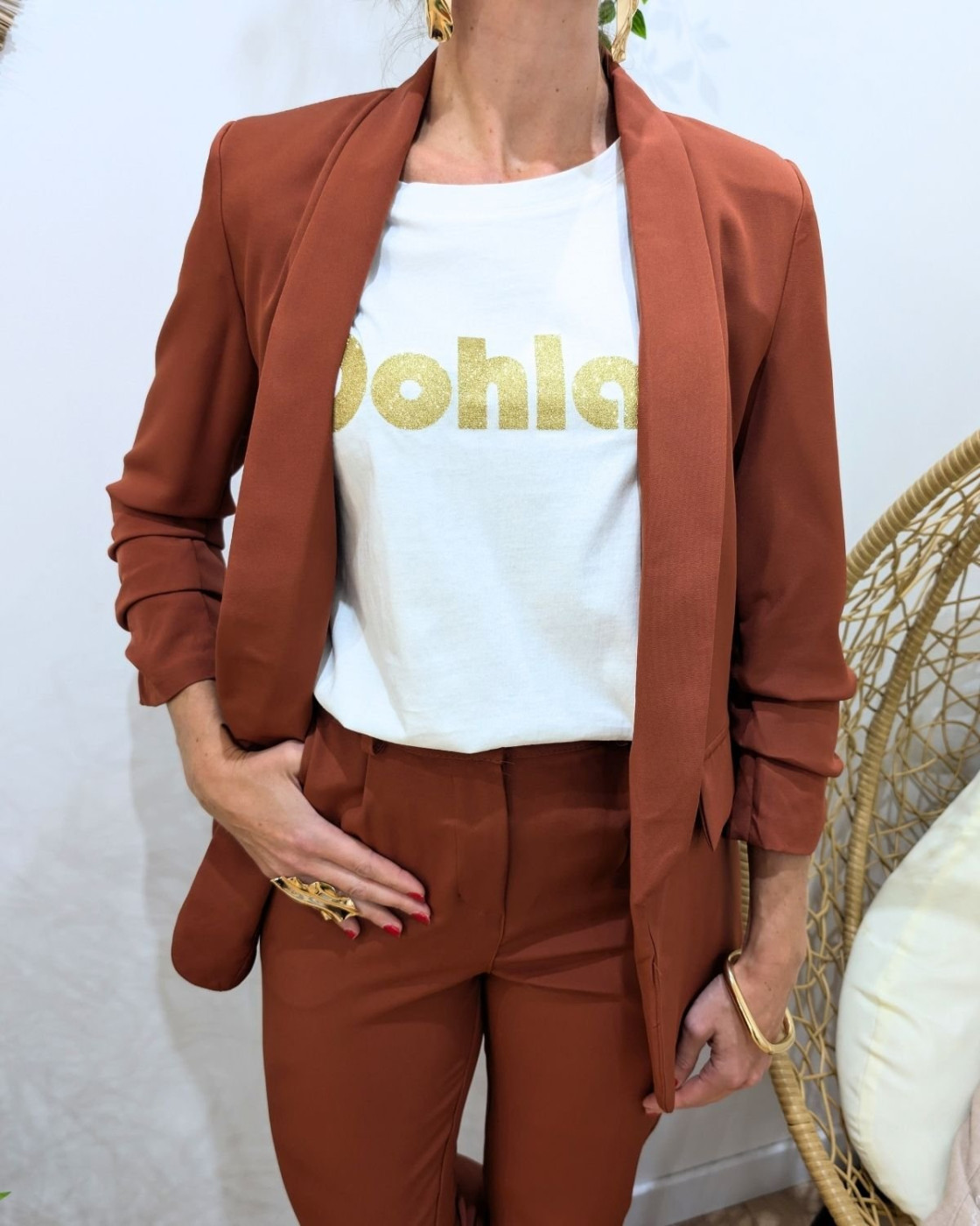 Blazer femme manches plissées terracotta