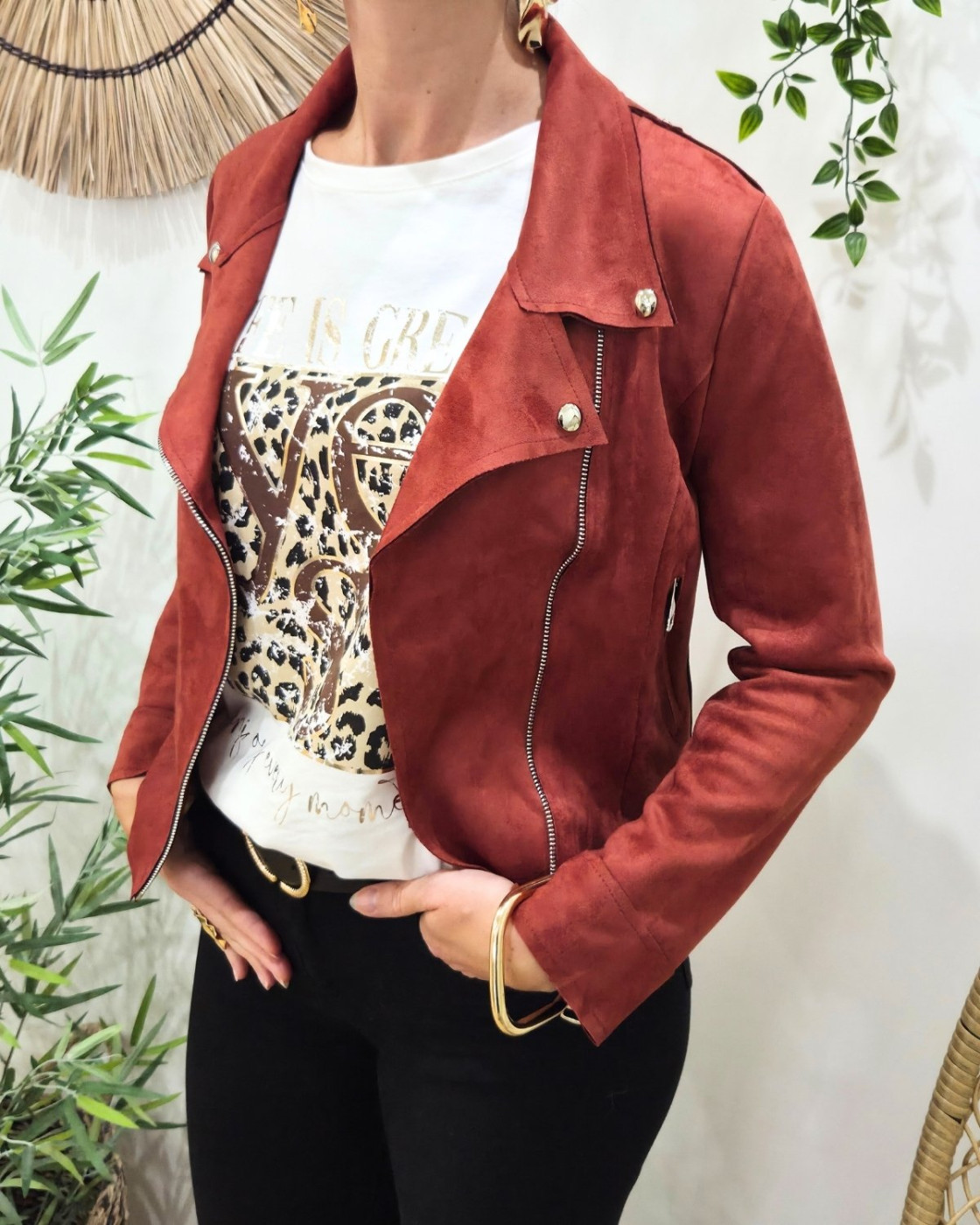 Perfecto femme fin suédine terracotta