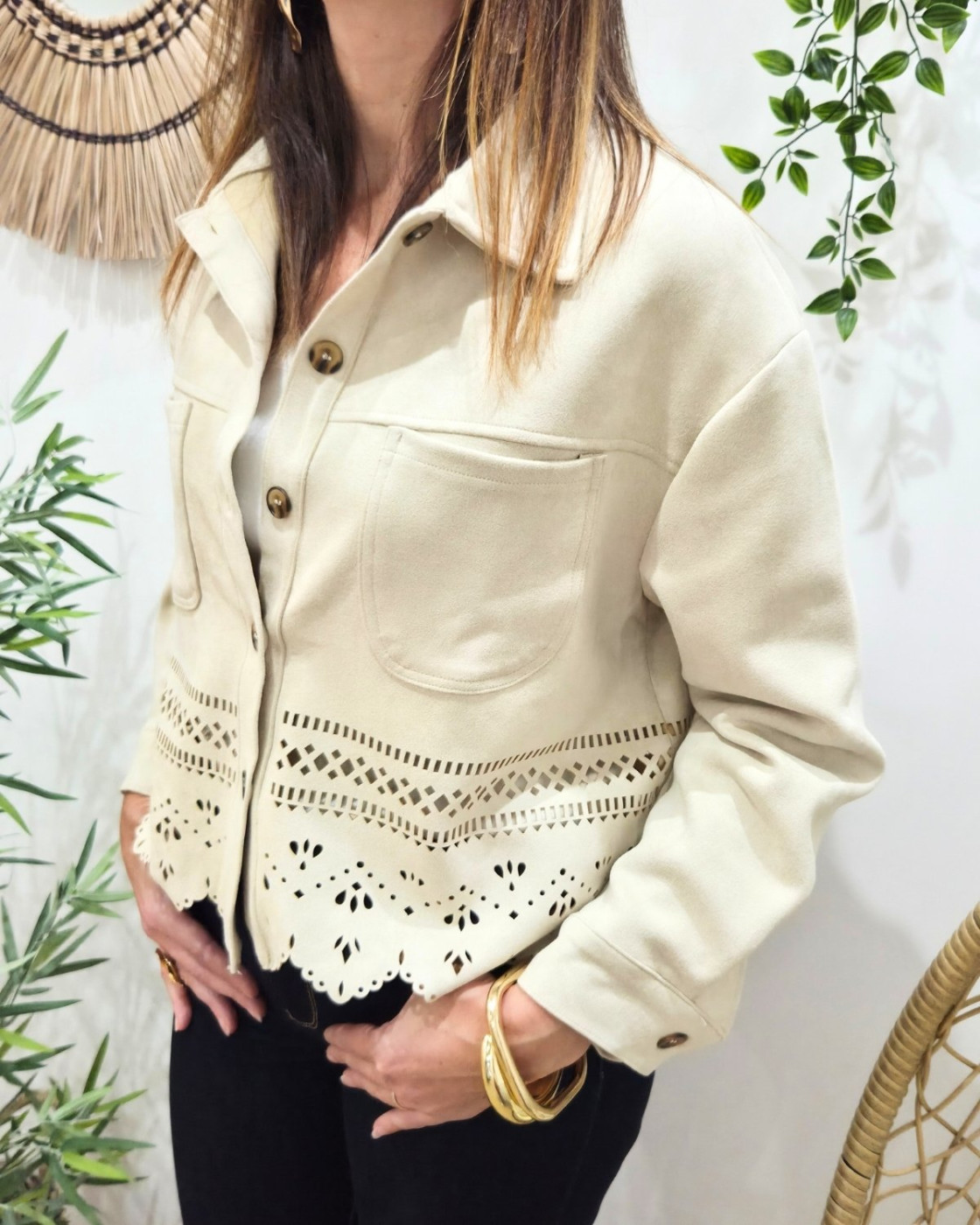 Veste femme suédine ajourée beige Ysoria