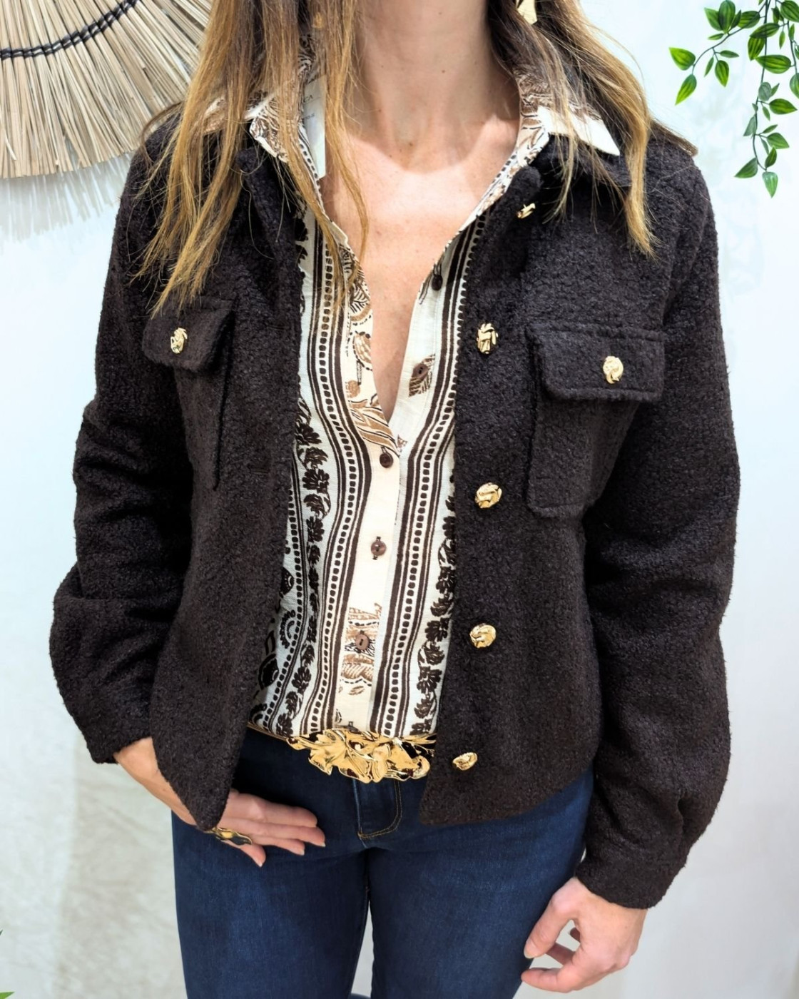 Veste femme bouclettes marron choco boutons dorés Paloma