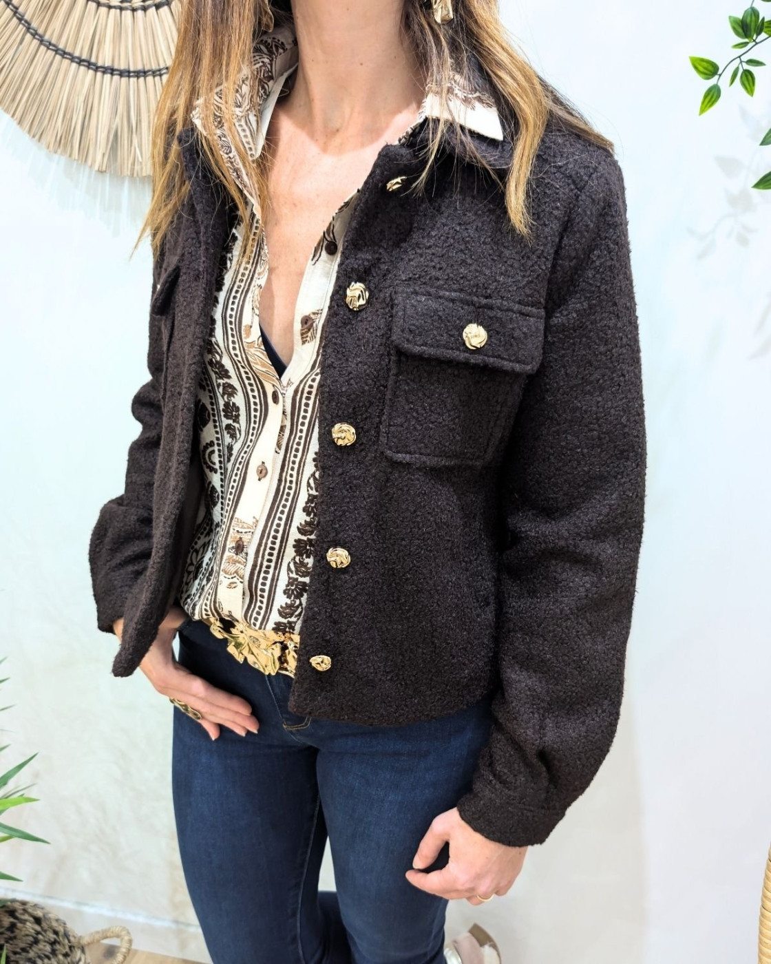 Veste femme bouclettes marron choco boutons dorés Paloma